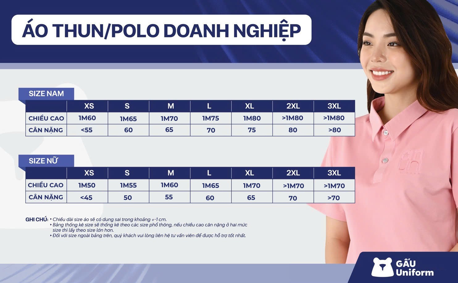 Bảng size áo thun/polo doanh nghiệp Bảng size áo thun/polo doanh nghiệp