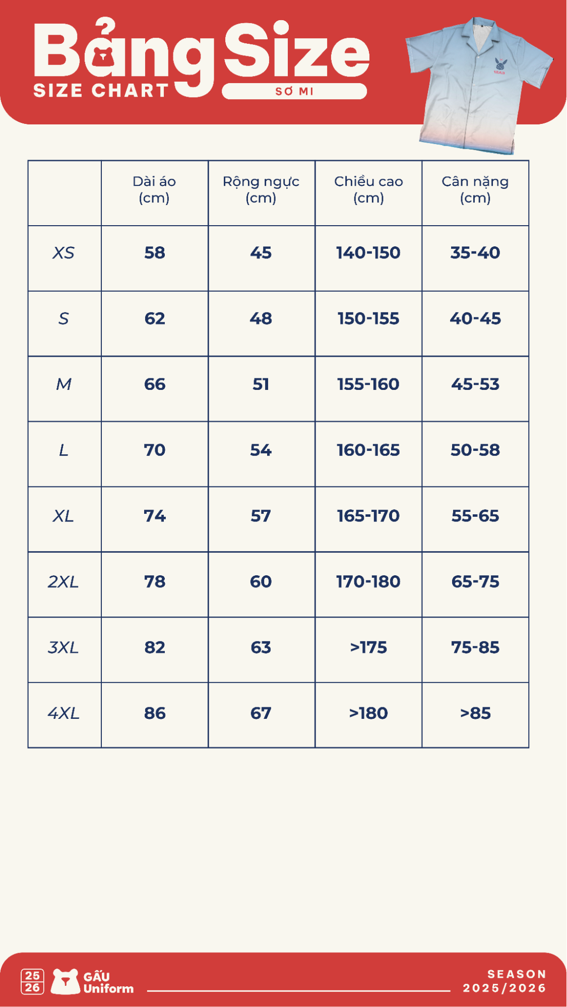 Bảng size áo đồng phục sơ mi của GẤU Uniform