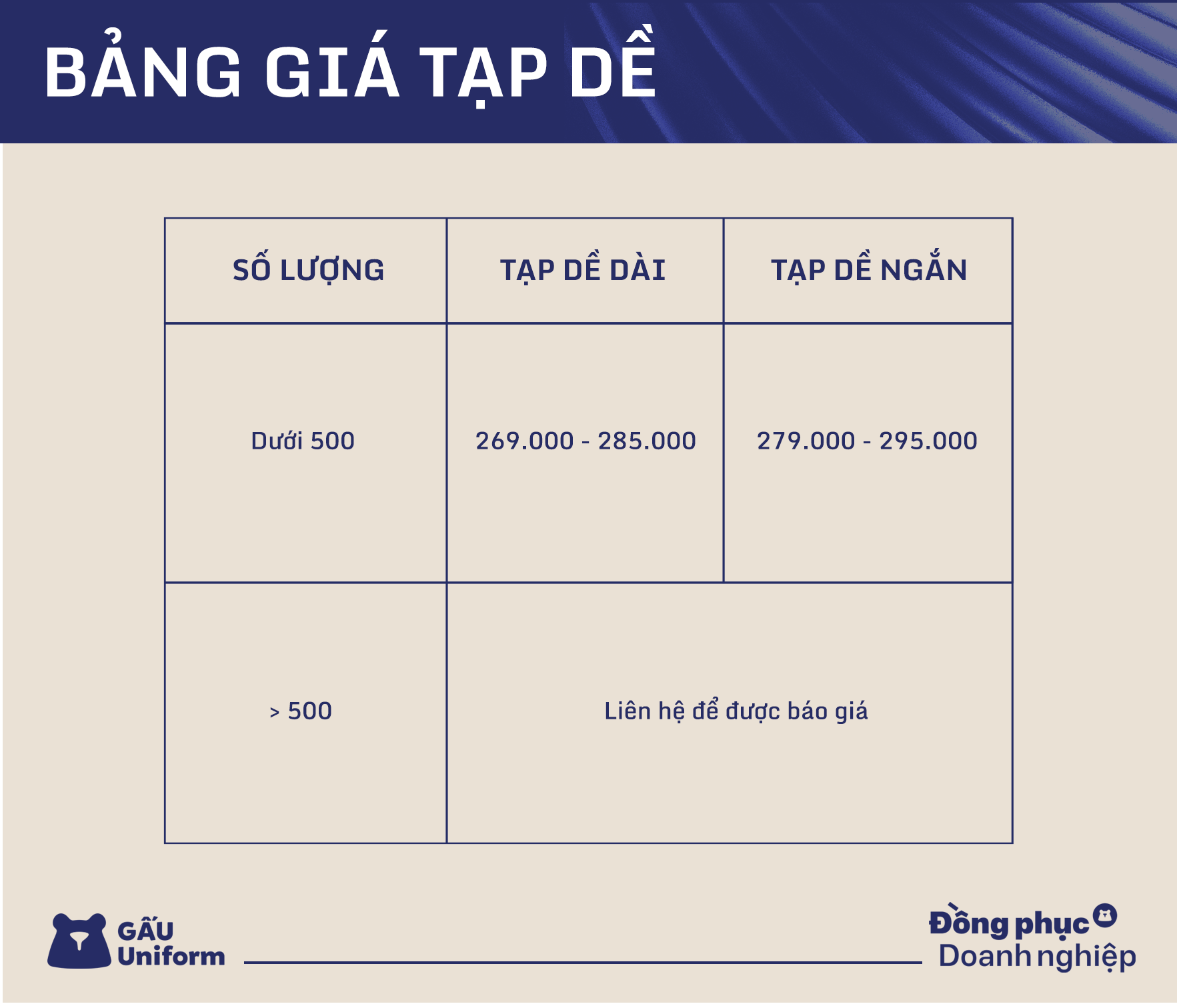 Bảng giá tạp dề