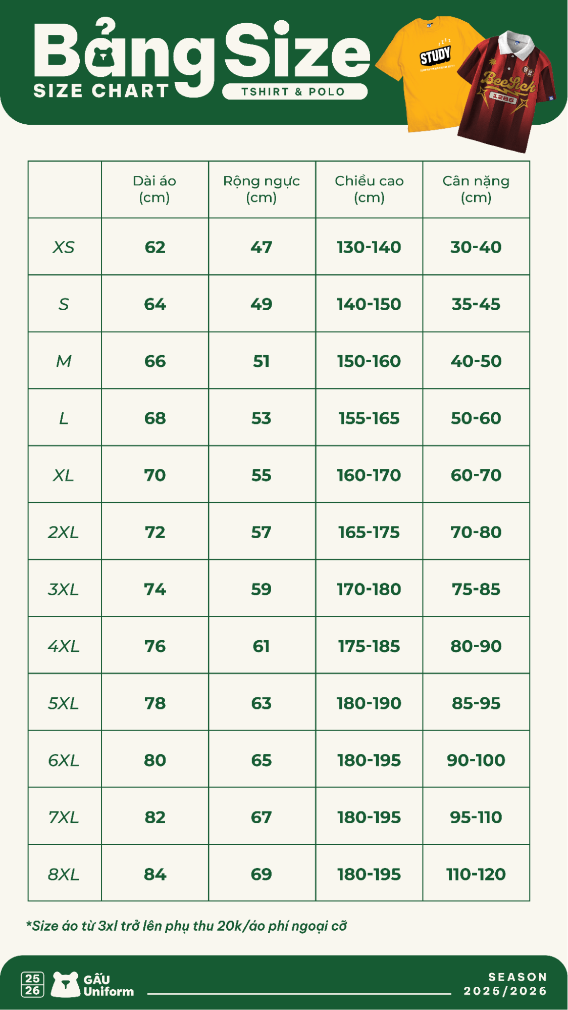 Bảng size áo đồng phục T-shirt và Polo của GẤU Uniform