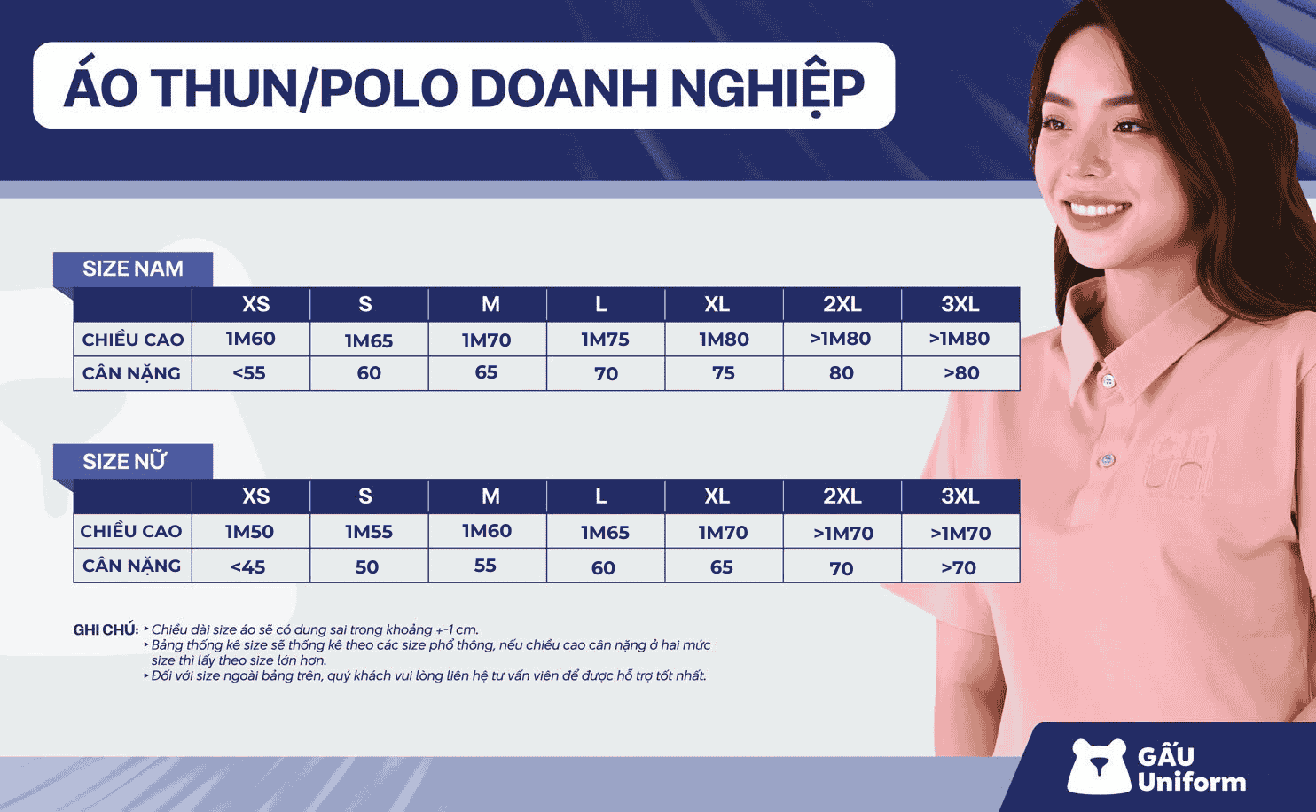 Bảng size tham khảo dành cho áo thun và áo polo đồng phục Phúc Long Bảng size tham khảo dành cho áo thun và áo polo đồng phục Phúc Long